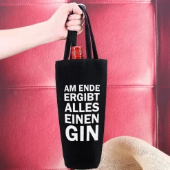 Schwarzer Flaschenbeutel mit GIN Spruch bedruckt