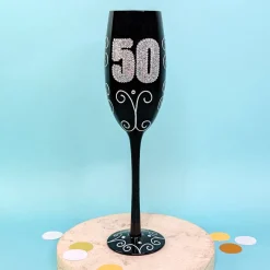 Schwarzes Sektglas mit Glitzerzahl für runde Geburtstage & Jubiläum