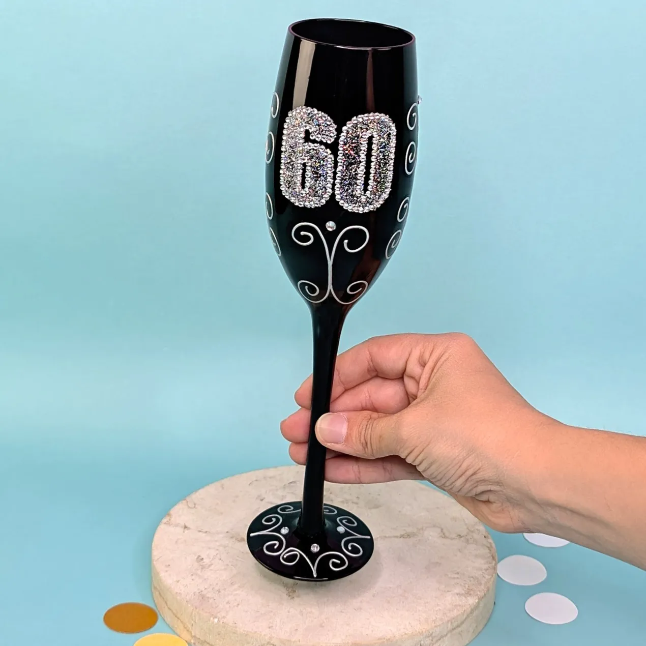 Schwarzes Sektglas mit Glitzerzahl für runde Geburtstage & Jubiläum