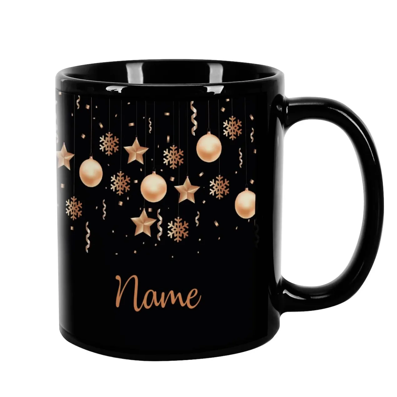 Schwarze Tasse mit Christbaumkugeln und Ihrem Wunschnamen bedruckt