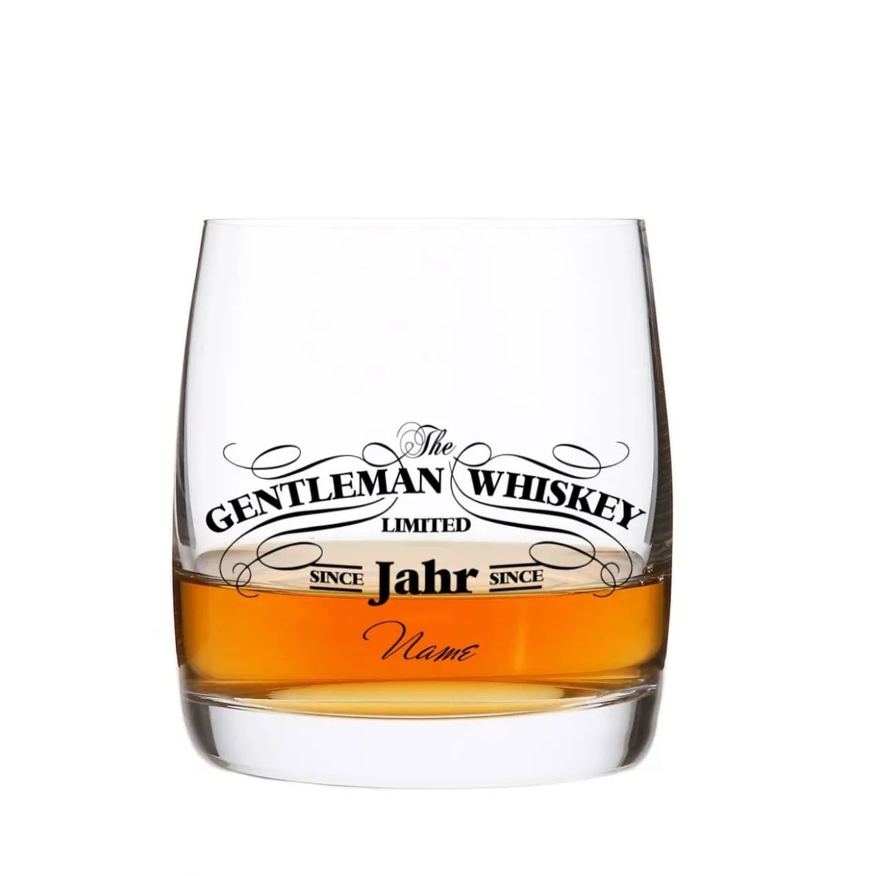 Schwarz oder Weiß bedrucktes Gentleman Whiskey Glas mit Name und Jahr