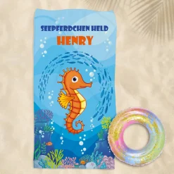 Seepferdchen - Badetuch mit Name und Wunschtext in 3 verschiedenen Größen