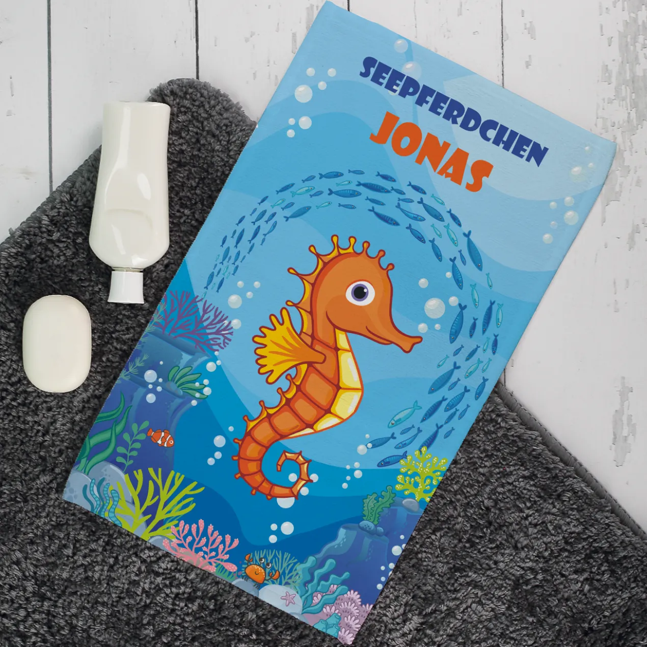 Seepferdchen - Badetuch mit Name und Wunschtext in 3 verschiedenen Größen