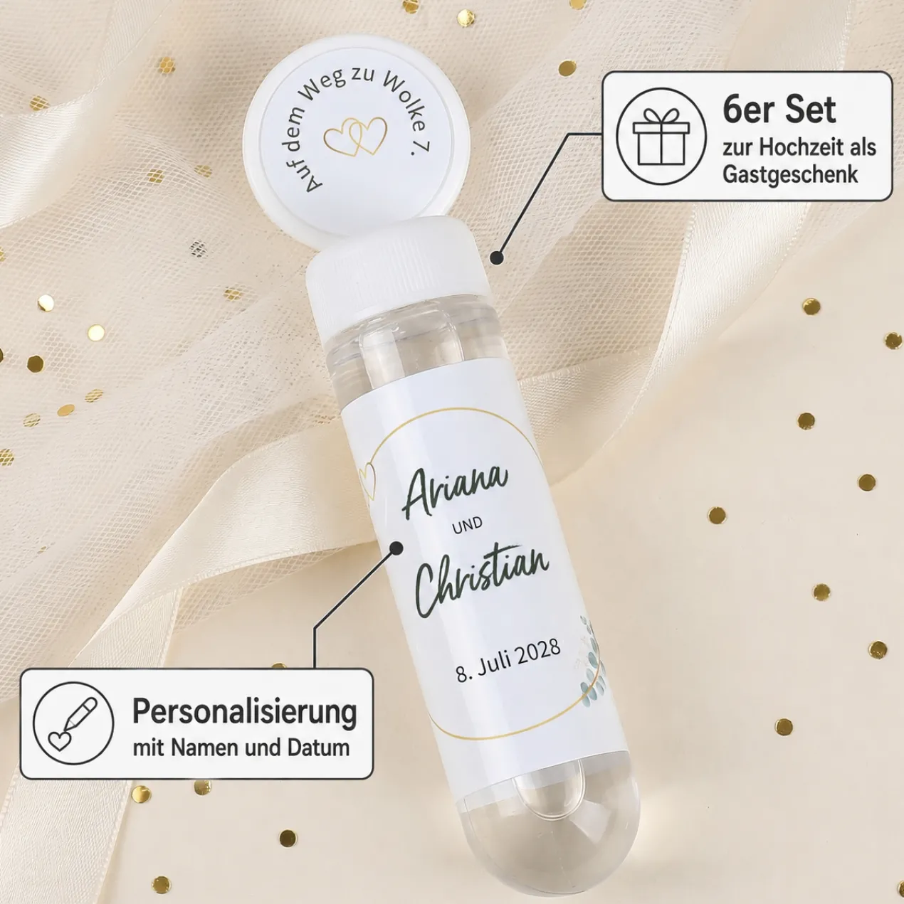 Seifenblasen 6er Set als Gastgeschenk zur Hochzeit personalisiert mit Namen & Datum | Eukalyptus
