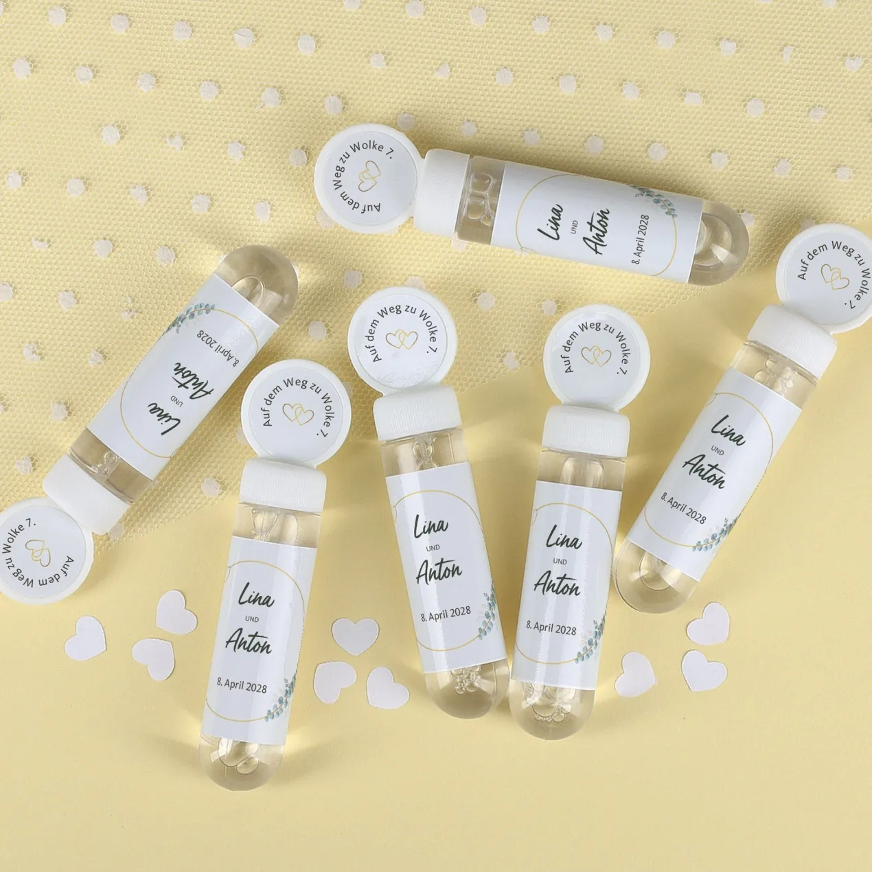 Seifenblasen 6er Set als Gastgeschenk zur Hochzeit personalisiert mit Namen & Datum | Eukalyptus