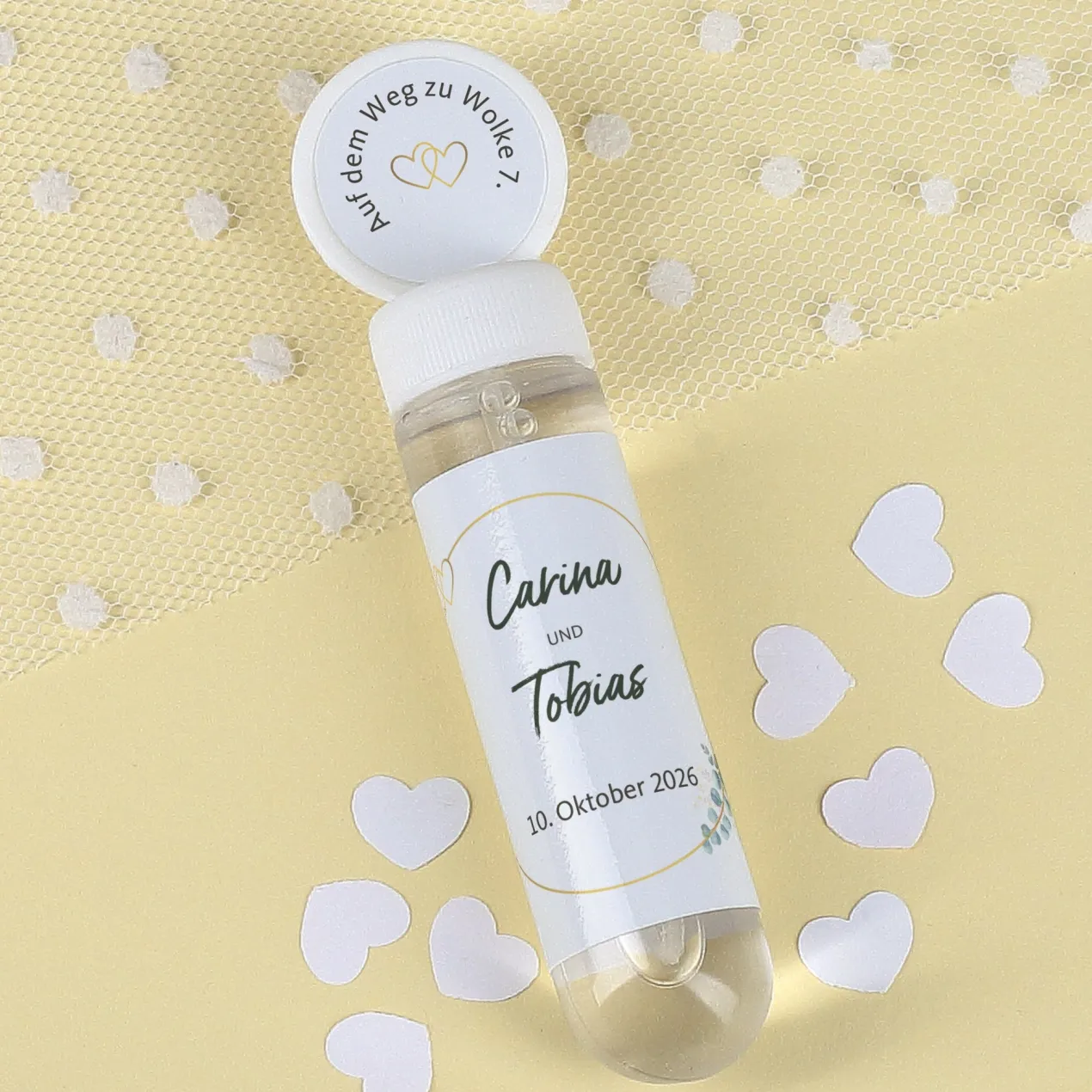 Seifenblasen 6er Set als Gastgeschenk zur Hochzeit personalisiert mit Namen & Datum | Eukalyptus