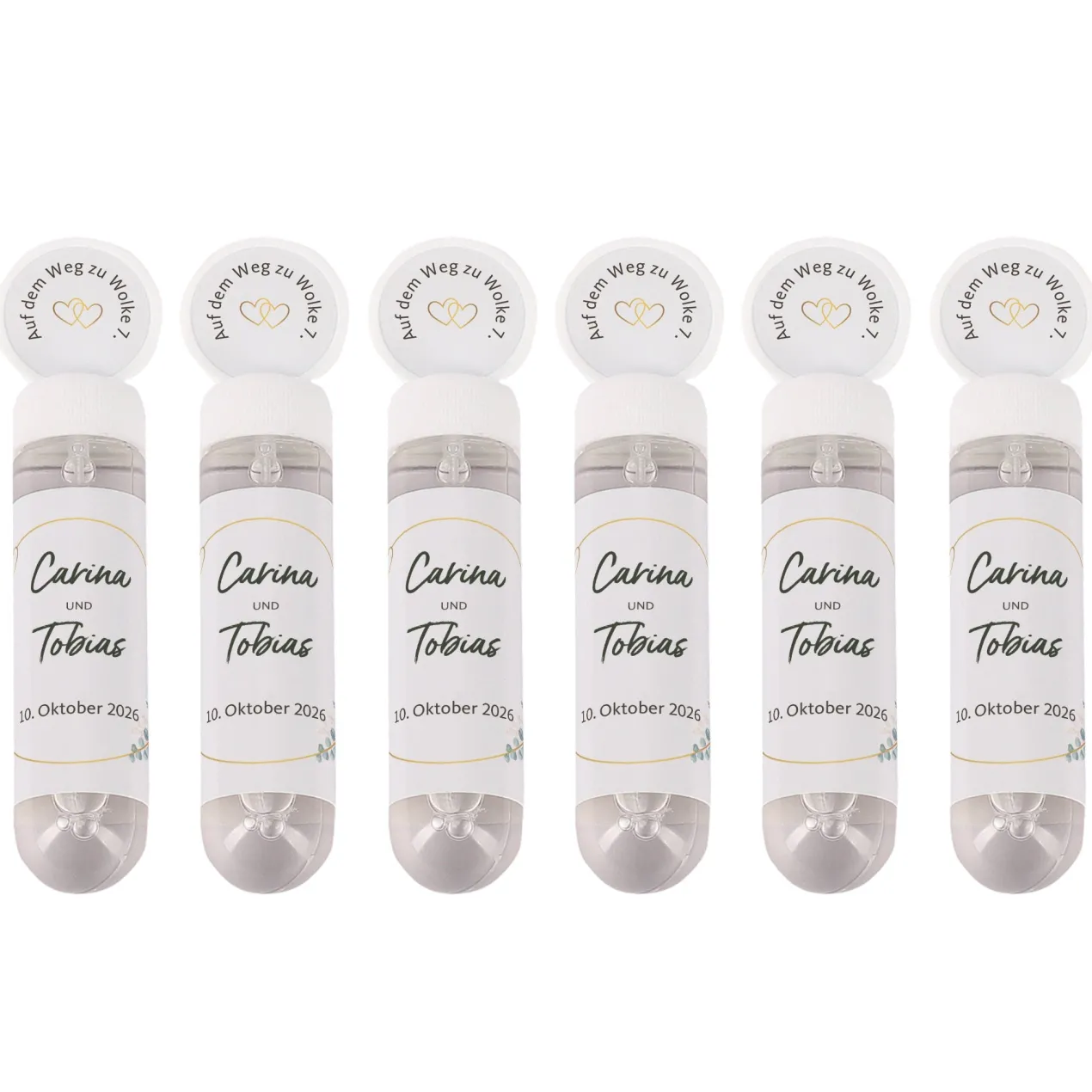 Seifenblasen 6er Set als Gastgeschenk zur Hochzeit personalisiert mit Namen & Datum | Eukalyptus
