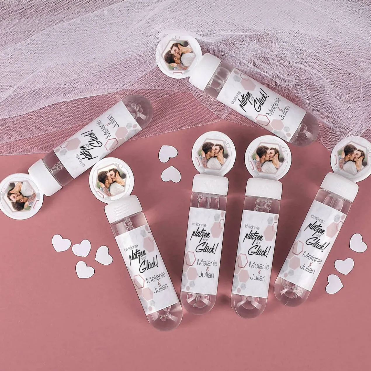 Seifenblasen 6er Set im Marmor Design zur Hochzeit mit Foto
