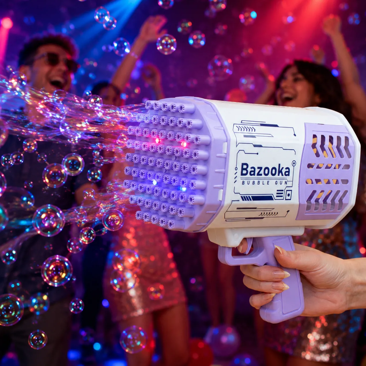 Seifenblasenpistole mit LED Licht | Party Bazooka mit Akku