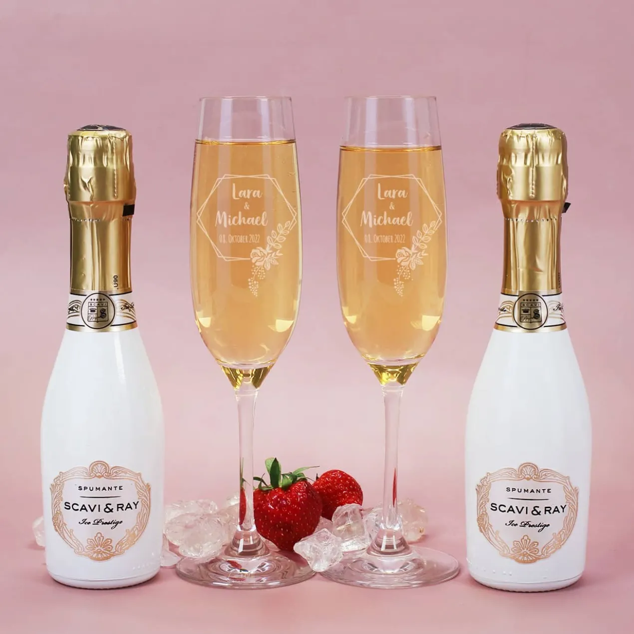 Sekt Geschenkset zur Hochzeit mit Box, 2 Gläsern und 2 kleinen Sektflaschen