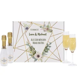 Sekt Geschenkset zur Hochzeit mit Box, 2 Gläsern und 2 kleinen Sektflaschen
