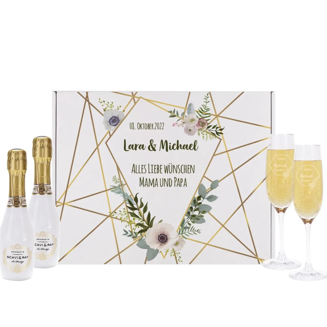 Sekt Geschenkset zur Hochzeit mit Box, 2 Gläsern und 2 kleinen Sektflaschen