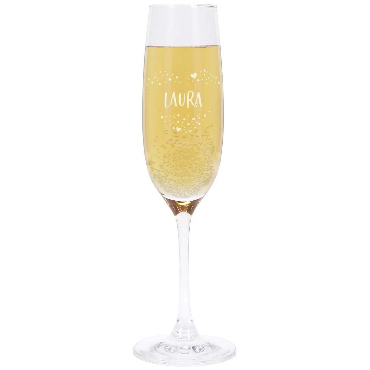 Sektglas mit Name und Herz aus Punkten