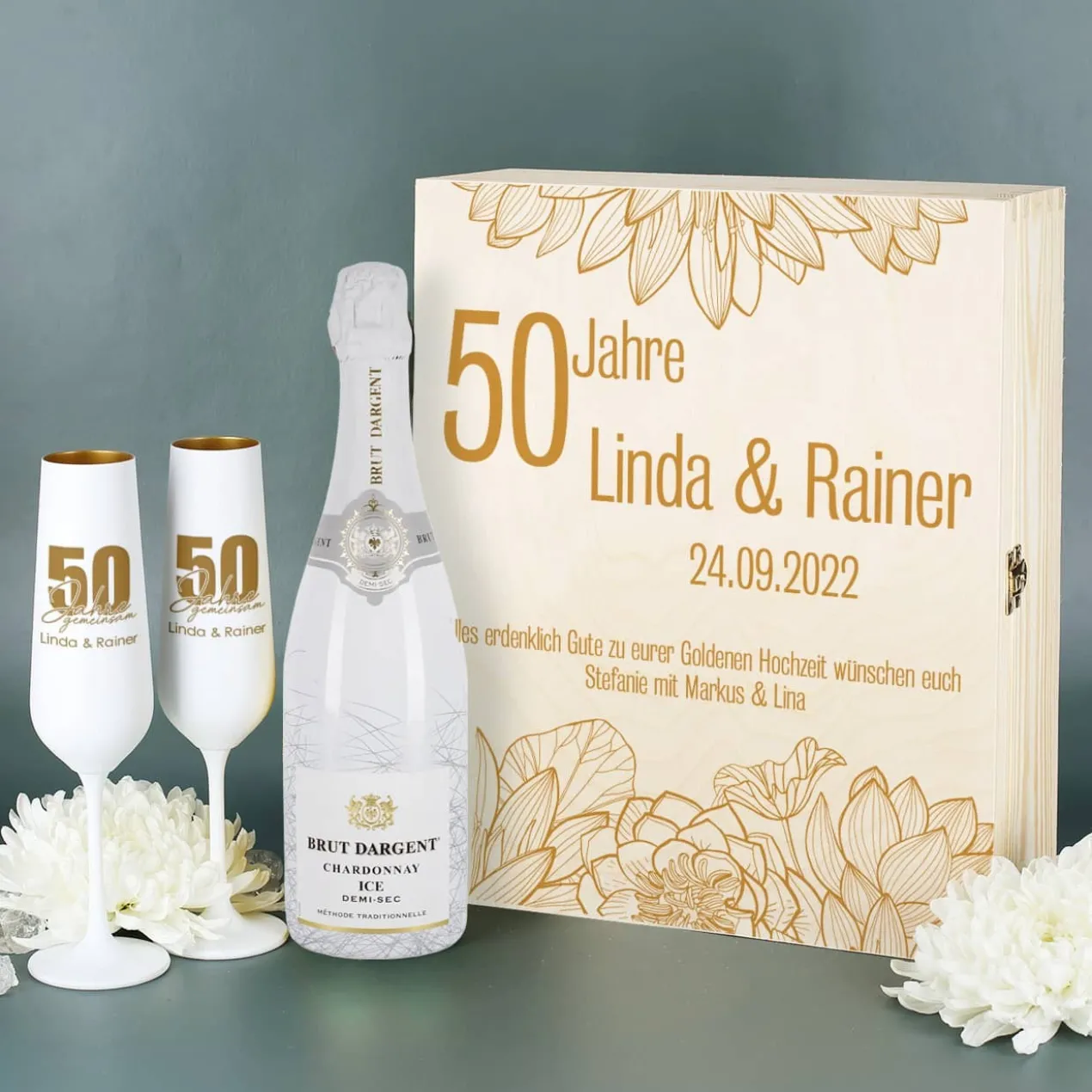 Sekt Set mit 2 Gläsern, Brut d'Argent und Holzbox zur Goldenen Hochzeit