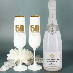 Sekt Set mit 2 Gläsern, Brut d'Argent und Holzbox zur Goldenen Hochzeit