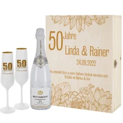 Sekt Set mit 2 Gläsern, Brut d'Argent und Holzbox zur Goldenen Hochzeit