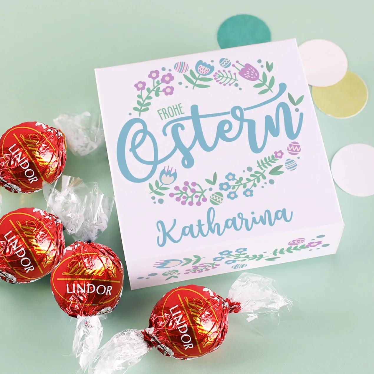 Süße Osterüberraschung mit Wunschname und 4 Lindorkugeln | Geschenk zu Ostern
