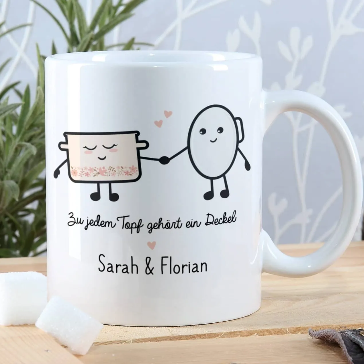 Süße Pärchen Tasse mit Topf und Deckel Motiv und Ihren Namen