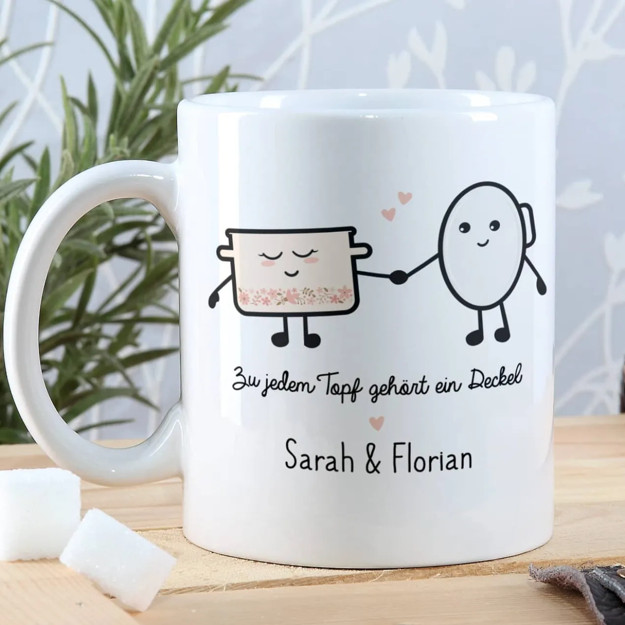Süße Pärchen Tasse mit Topf und Deckel Motiv und Ihren Namen