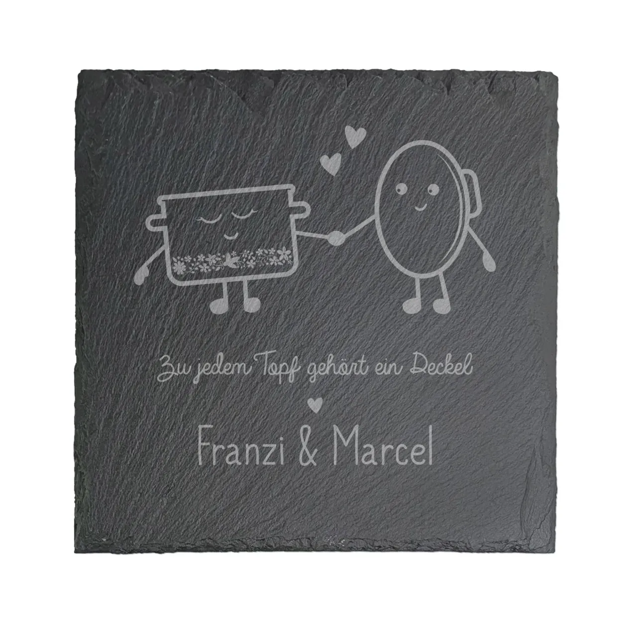 Servierplatte aus Schiefer für Paare personalisiert mit Namen | Topf und Deckel | 20x20 cm