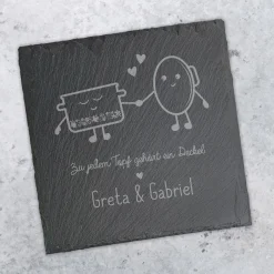 Servierplatte aus Schiefer für Paare personalisiert mit Namen | Topf und Deckel | 20x20 cm