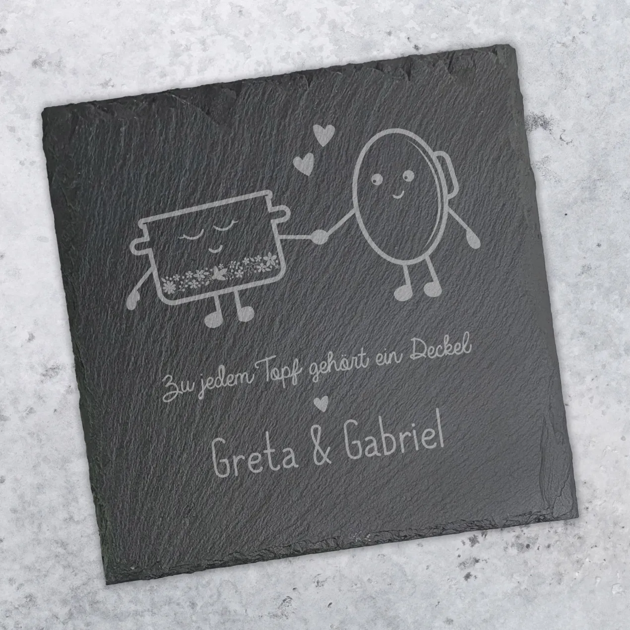 Servierplatte aus Schiefer für Paare personalisiert mit Namen | Topf und Deckel | 20x20 cm