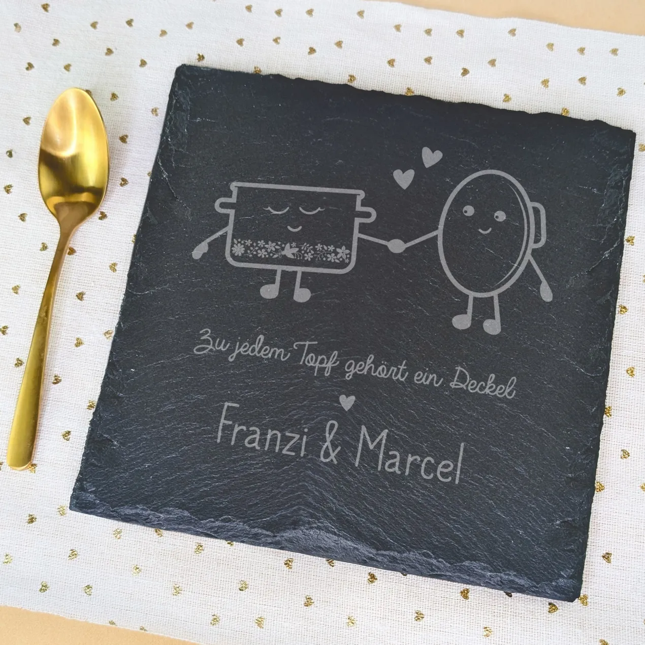 Servierplatte aus Schiefer für Paare personalisiert mit Namen | Topf und Deckel | 20x20 cm
