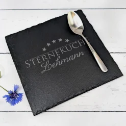 Servierplatte aus Schiefer personalisiert mit Name | Sterneküche | 20x20 cm