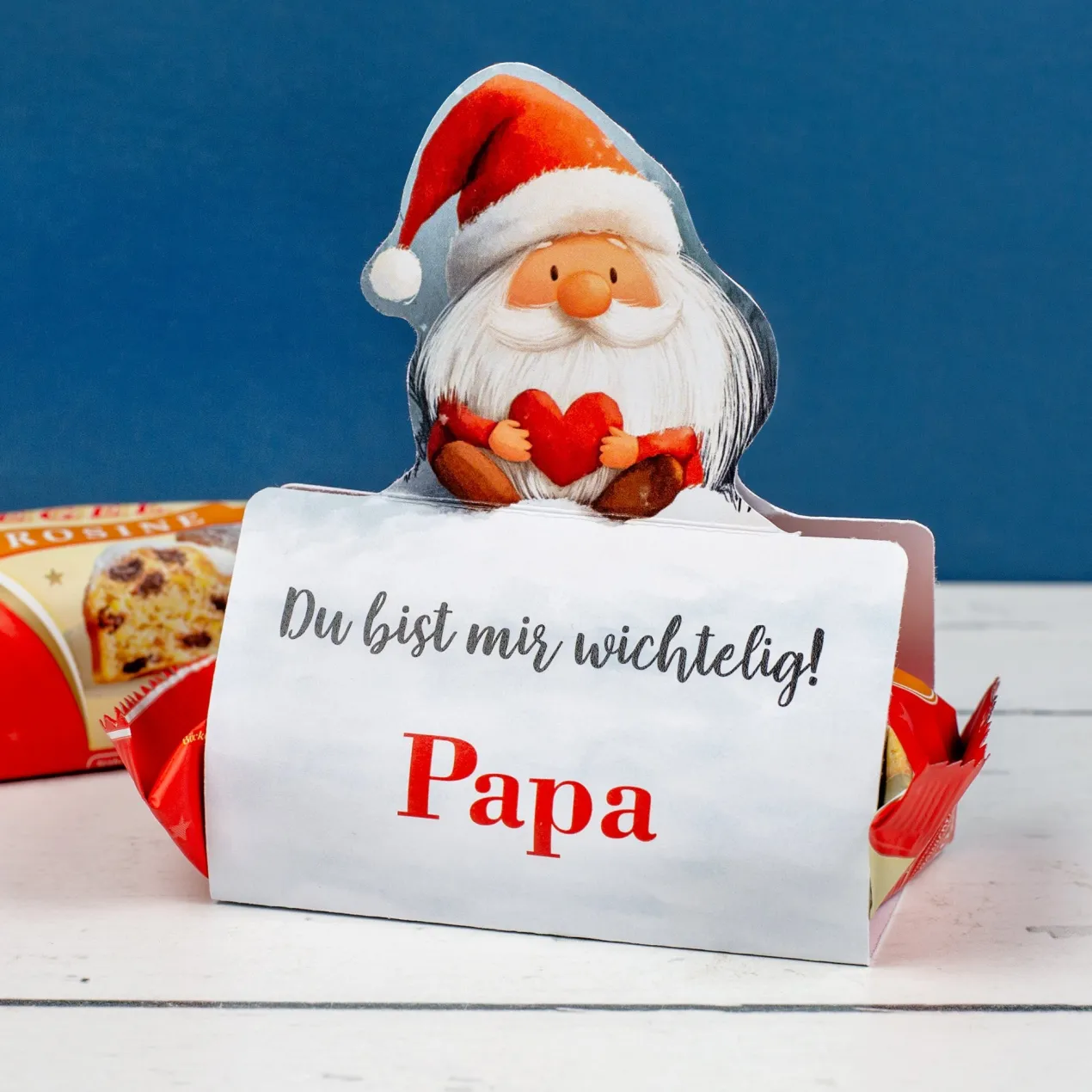 Süßer Weihnachtsgruß - Ministollen mit niedlicher Wichtel-Banderole und Ihrem Text