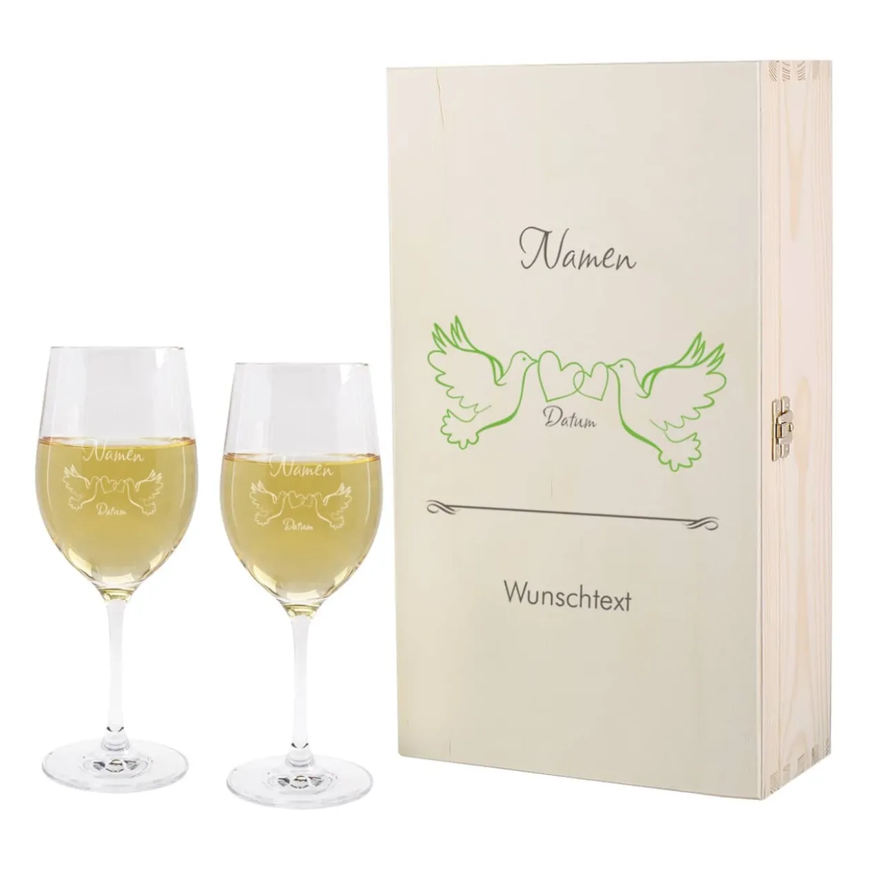 Set zur Hochzeit mit personalisierter Holzbox und zwei Weingläsern