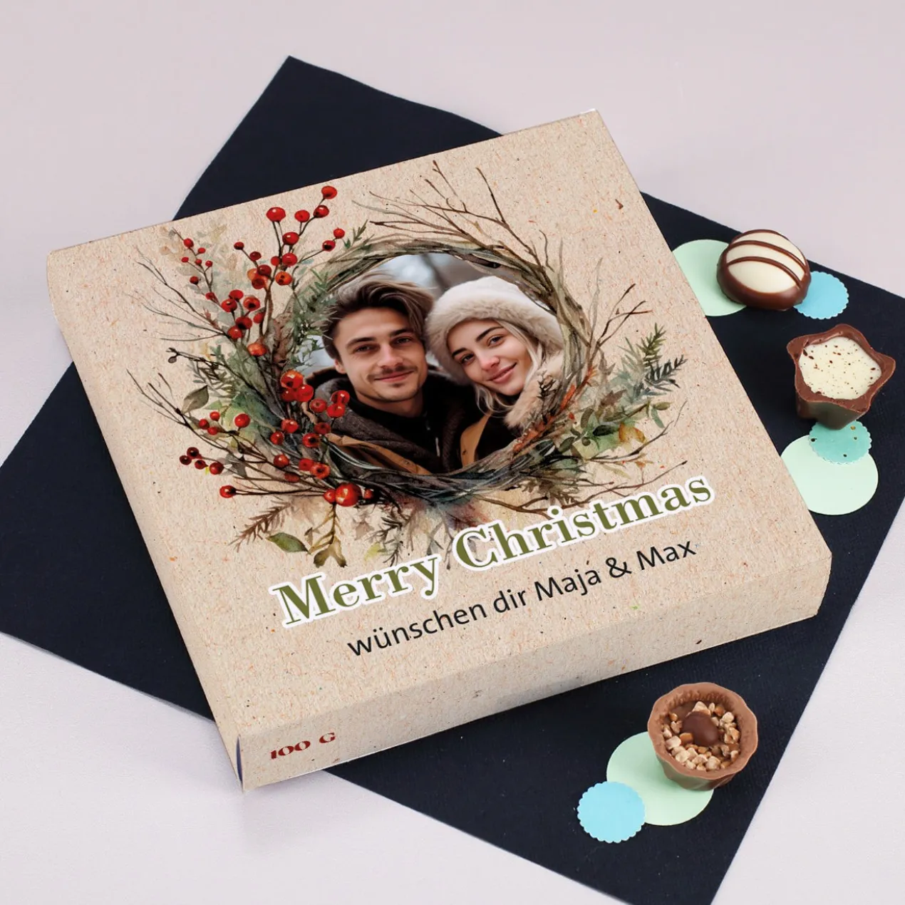 Süße Weihnachtengrüße - Lindt Pralinés mit Ihrem Foto und Text