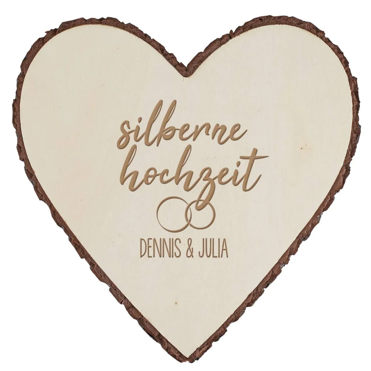 Silberne Hochzeit - Holzscheibe in Herzform mit Namen