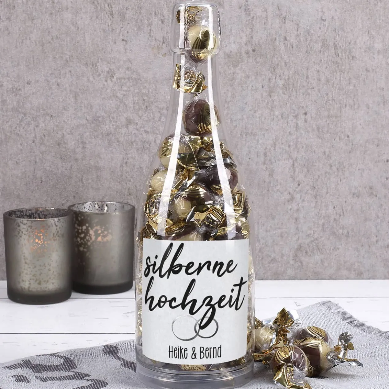 Silberne Hochzeit - Pralinenflasche mit Namensaufdruck