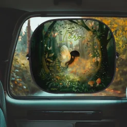 Sonnenschutz für das Autofenster mit mystischer Waldfee und Name bedruckt