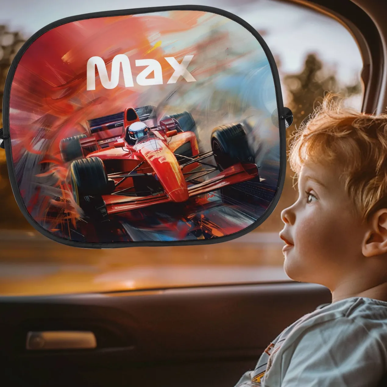 Sonnenschutz für das Auto mit Rennwagen - Motiv und Wunschname bedruckt