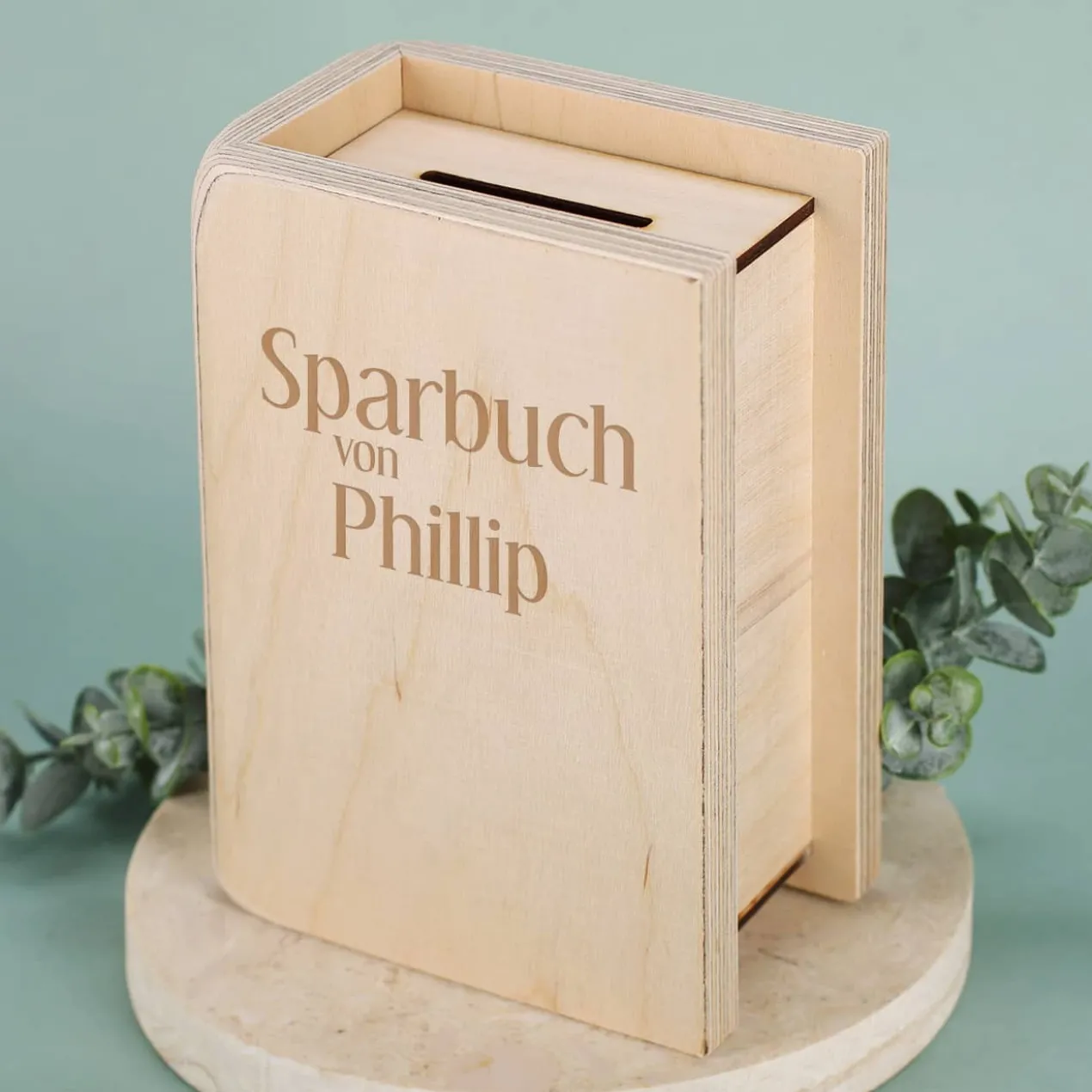 Sparbuch aus Holz mit Namensgravur