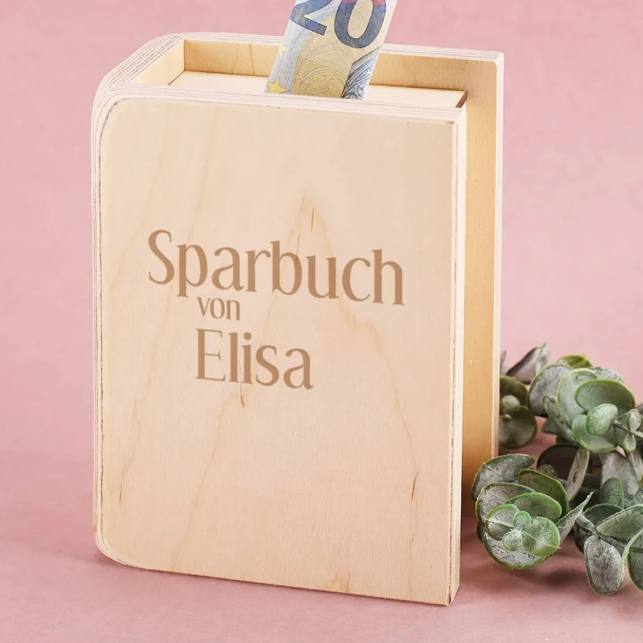 Sparbuch aus Holz mit Namensgravur