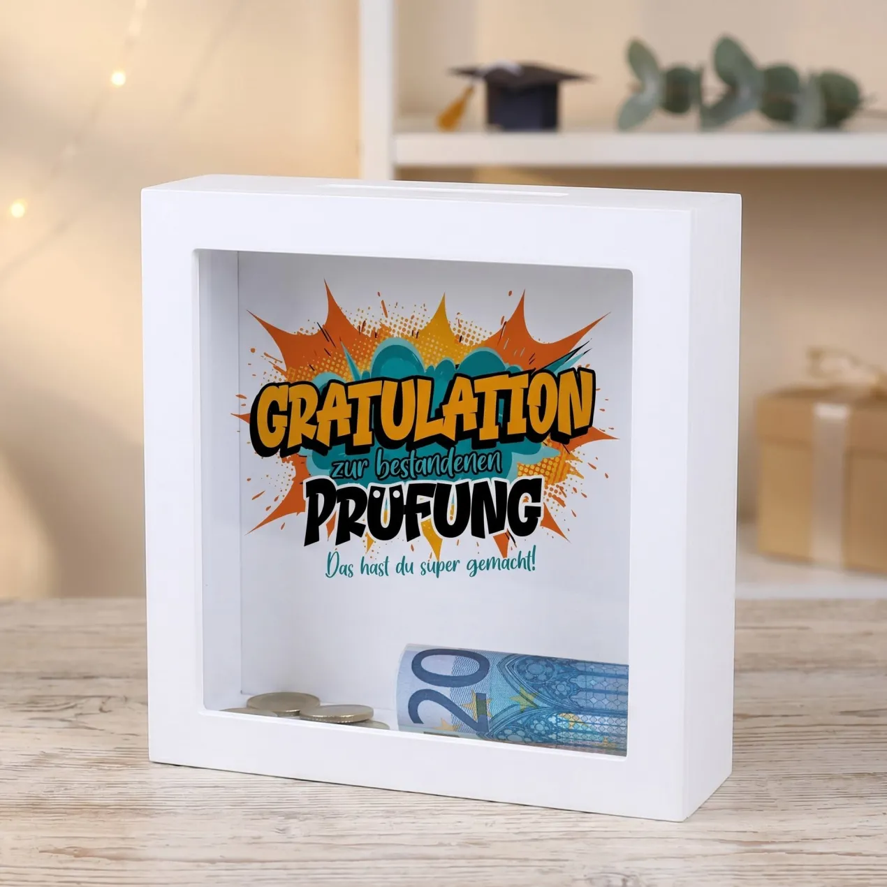 Spardose als Geldgeschenk zu Schulabschluss, Abitur, Bachelor, Master, Prüfung & Führerschein