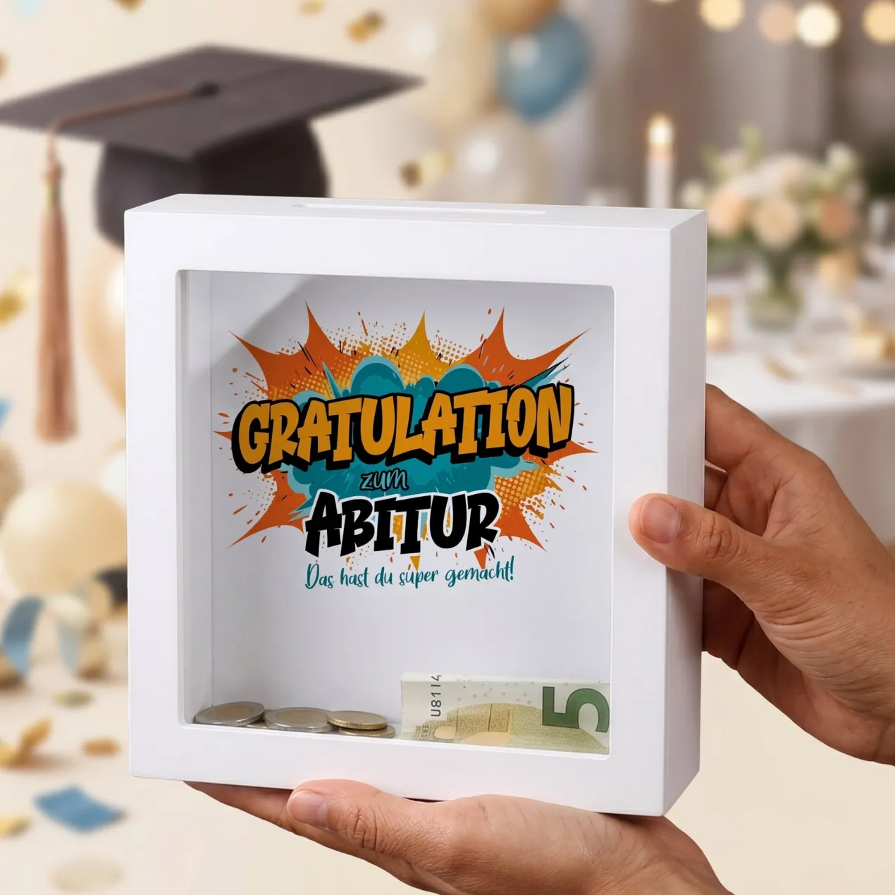 Spardose als Geldgeschenk zu Schulabschluss, Abitur, Bachelor, Master, Prüfung & Führerschein