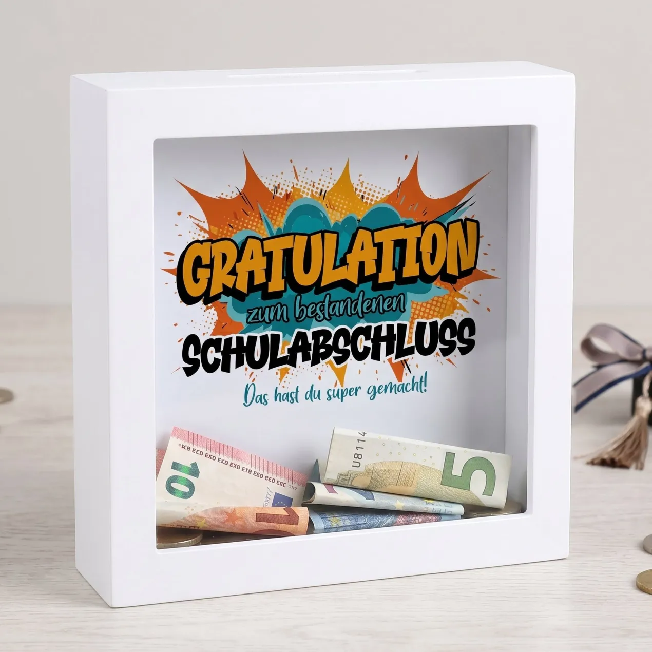 Spardose als Geldgeschenk zu Schulabschluss, Abitur, Bachelor, Master, Prüfung & Führerschein