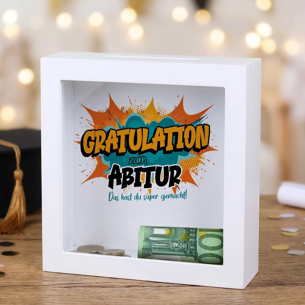 Spardose als Geldgeschenk zu Schulabschluss, Abitur, Bachelor, Master, Prüfung & Führerschein