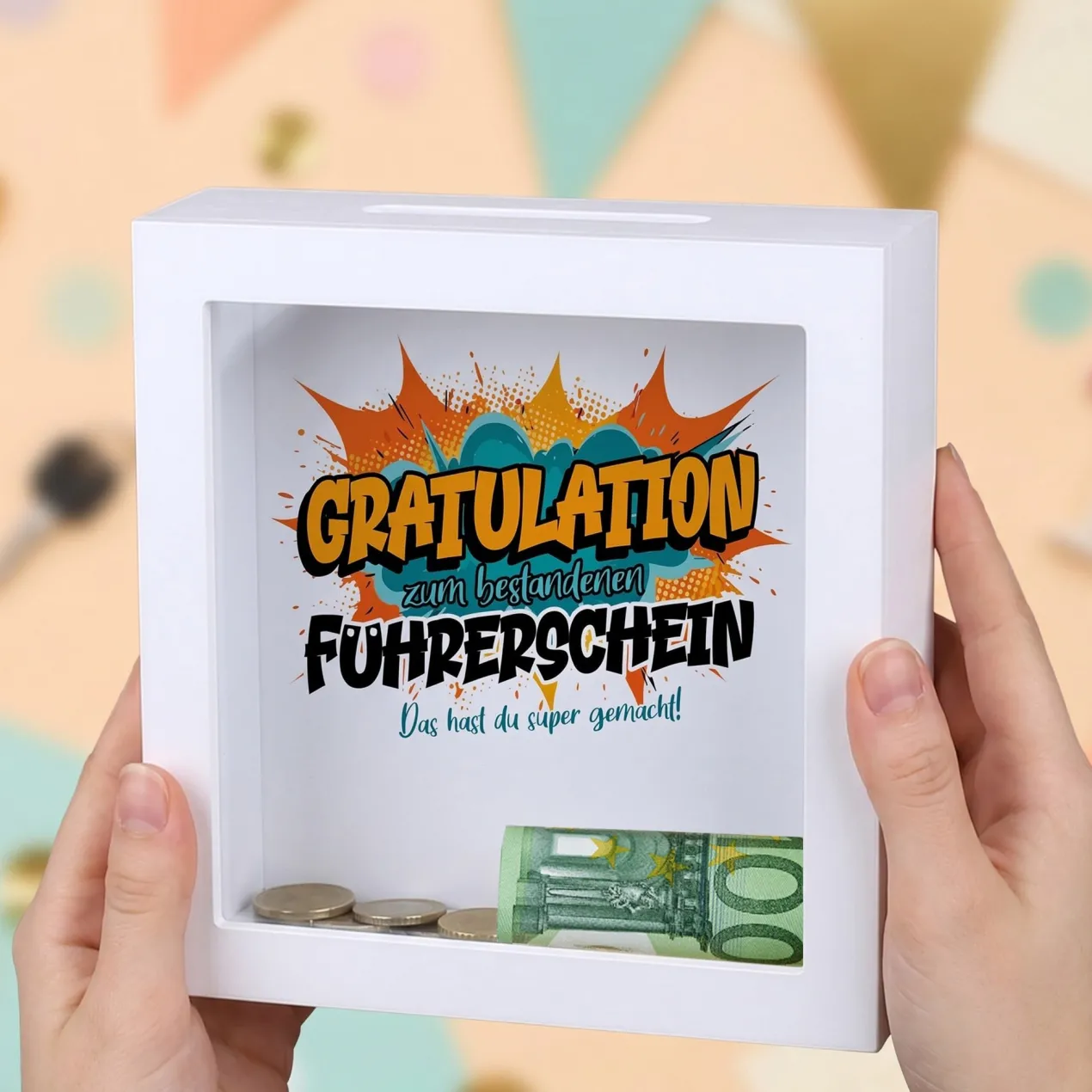 Spardose als Geldgeschenk zu Schulabschluss, Abitur, Bachelor, Master, Prüfung & Führerschein