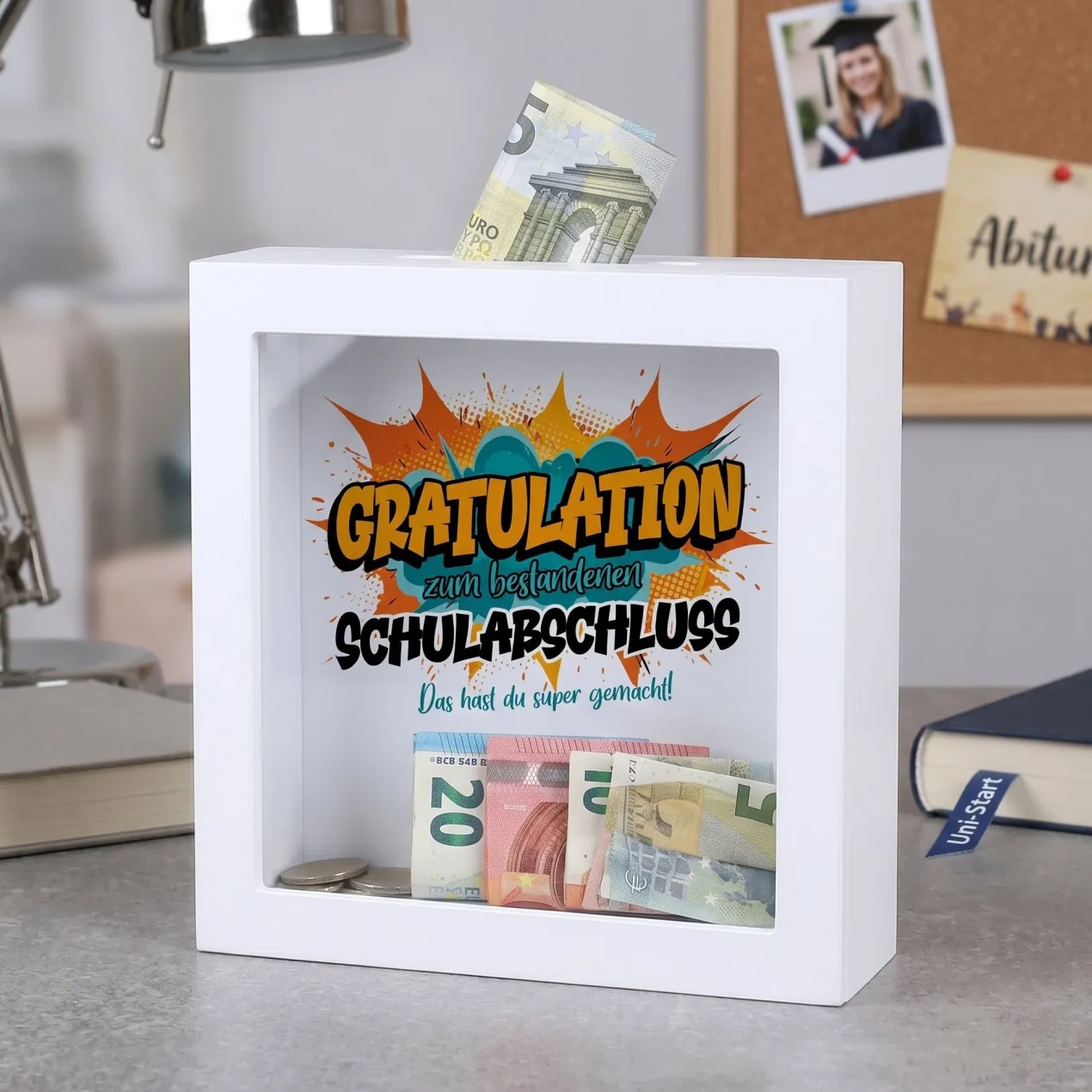 Spardose als Geldgeschenk zu Schulabschluss, Abitur, Bachelor, Master, Prüfung & Führerschein