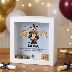 Spardose als personalisiertes Geldgeschenk zu Schulabschluss, Abitur & Studium | Holy Cow
