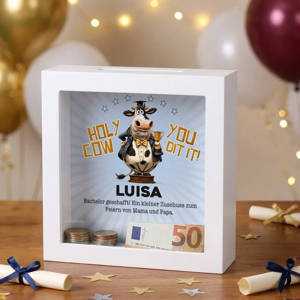 Spardose als personalisiertes Geldgeschenk zu Schulabschluss, Abitur & Studium | Holy Cow
