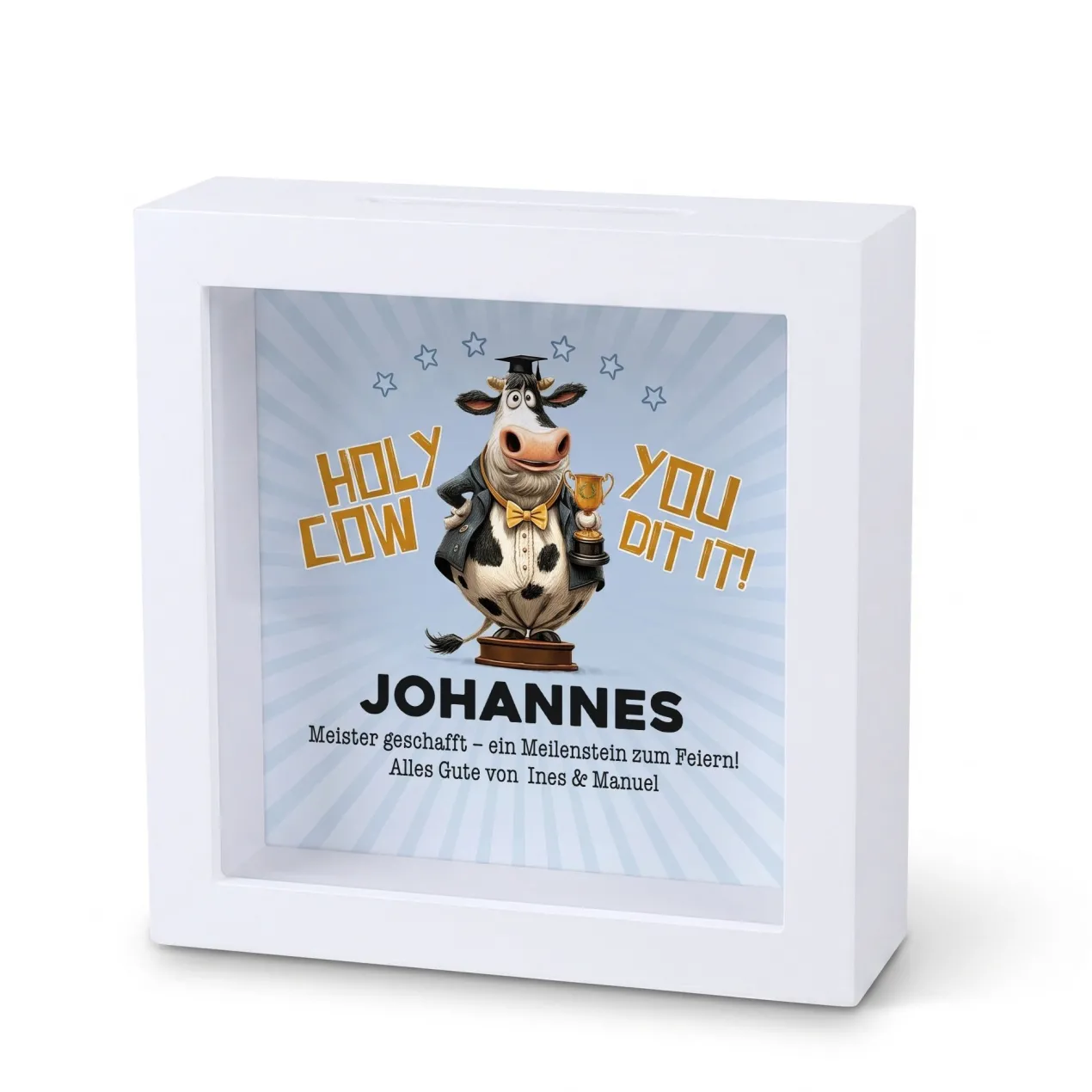 Spardose als personalisiertes Geldgeschenk zu Schulabschluss, Abitur & Studium | Holy Cow