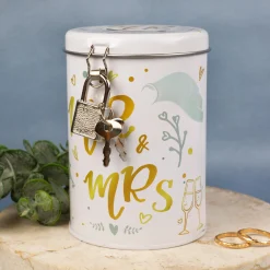 Spardose aus Metall zur Hochzeit - Mr. & Mrs. mit Hochzeitsmotiven, Schloss und Schlüssel