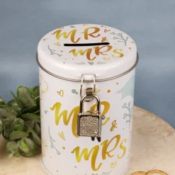 Spardose aus Metall zur Hochzeit - Mr. & Mrs. mit Hochzeitsmotiven, Schloss und Schlüssel