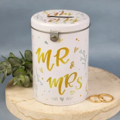 Spardose aus Metall zur Hochzeit - Mr. & Mrs. mit Hochzeitsmotiven, Schloss und Schlüssel