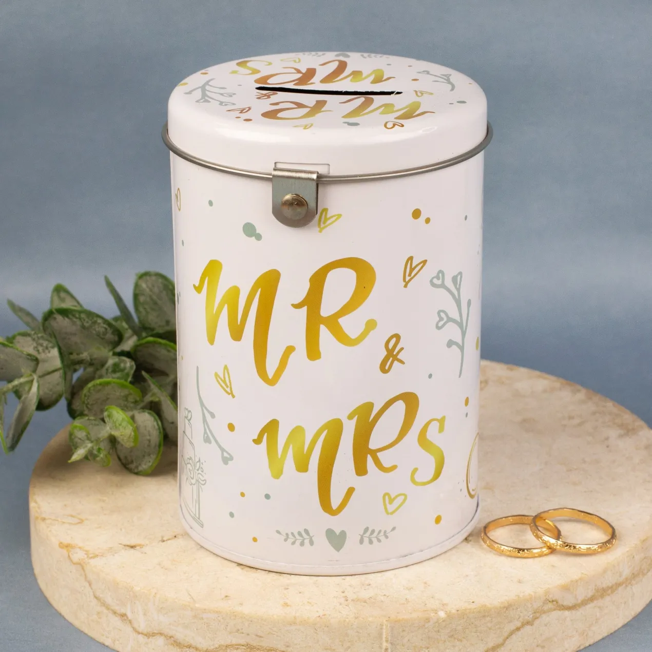 Spardose aus Metall zur Hochzeit - Mr. & Mrs. mit Hochzeitsmotiven, Schloss und Schlüssel